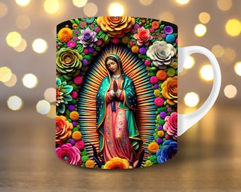 Envoltório 3D Virgem de Guadalupe Envoltório de caneca de 11 onças Envoltório de caneca de 15 onças Design de sublimação de caneca Envoltório de caneca 3d Download digital instantâneo PNG Envoltório de caneca cristã