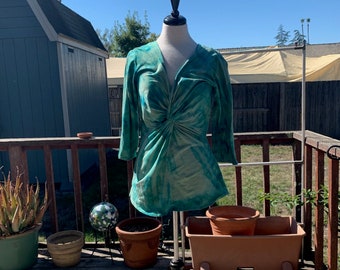 Tie Dye Twist Front XL, 3/4 Sleeve Women's Shirt in Seafoam and Green