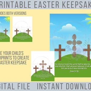 May include: Printable Easter keepsake featuring two crosses and a verse from John 3:16. Use your child's fingerprints to create an Easter memory.