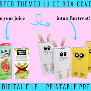 May include: Printable Easter-themed juice box covers featuring bunny and chick designs. Turn your juice boxes into a fun treat! Digital file, printable PDF.