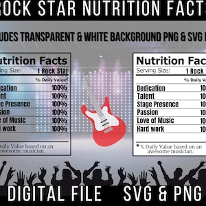 Faux valeur nutritive de rock star, fête d'anniversaire de rock star, faits de musicien, fête de musique, fête de guitare, faits de guitariste, fausse étiquette de nourriture de fête