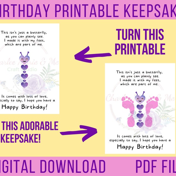 Birthday Printable gift, Birthday Footprints, Footprint Butterfly, birthday Day craft, birthday Gift from Kids, Printable Birthday keepsake