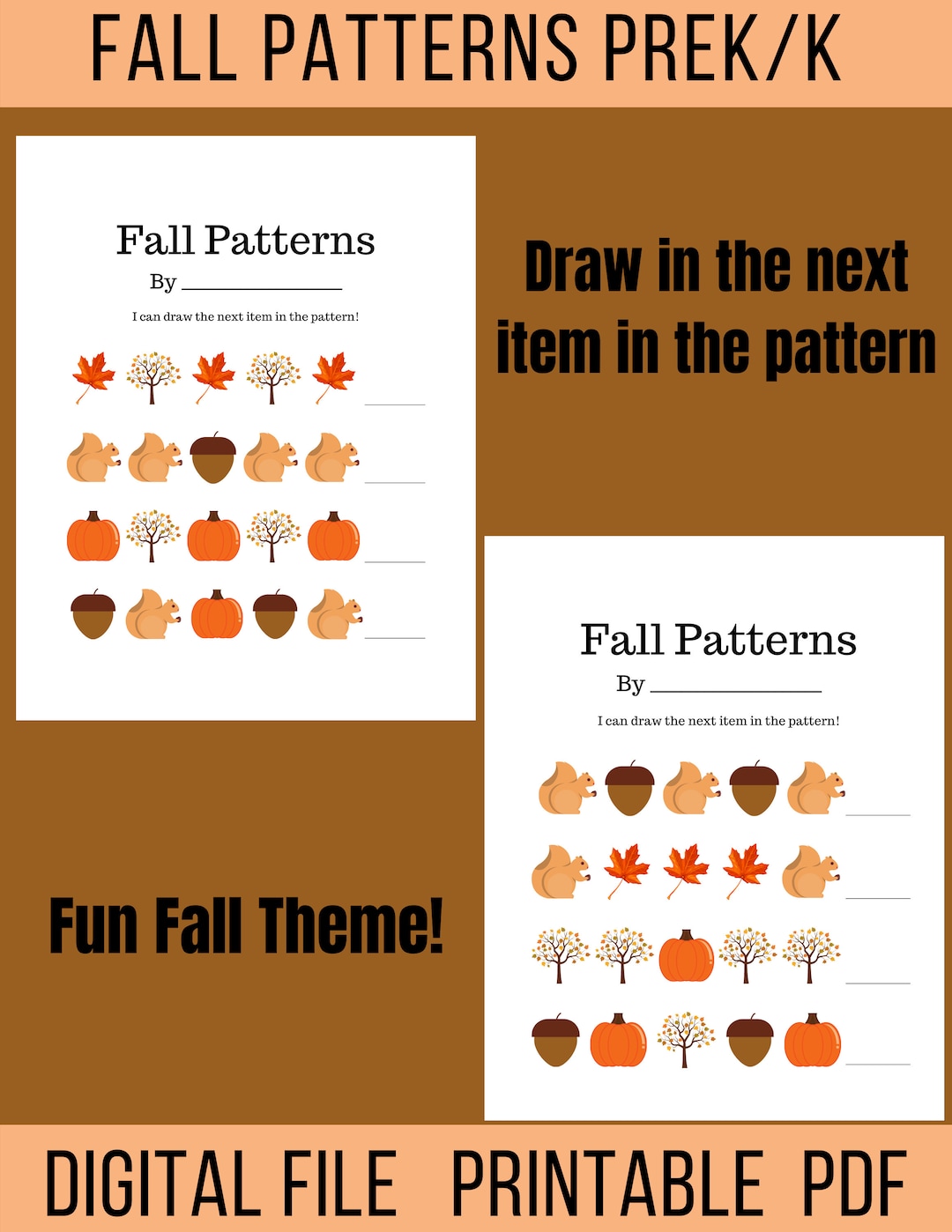 Fall Patterns Worksheet Pre-k Pattern Worksheet Preschool - Etsy