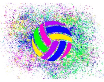 May include: A colorful volleyball with a rainbow design against a white background with a splatter of colorful paint.