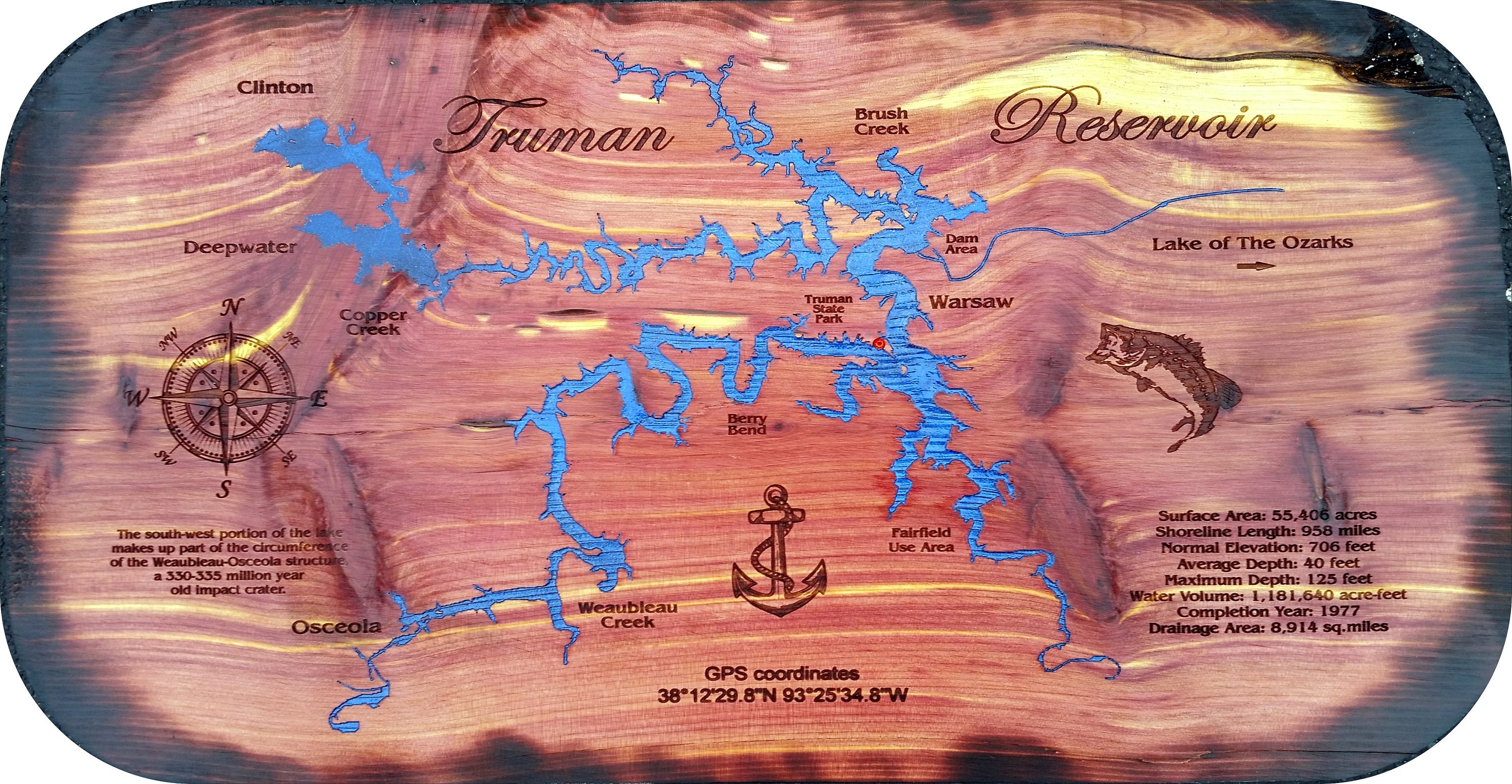 Truman Lake Map Laser engraved on Beautiful handpicked Eastern Etsy