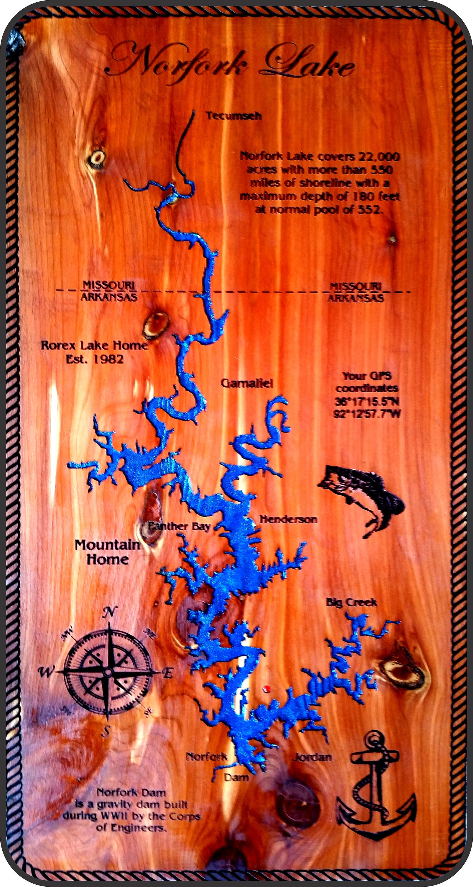 Map of Norfork Lake laser engraved into Eastern Red Cedar Etsy