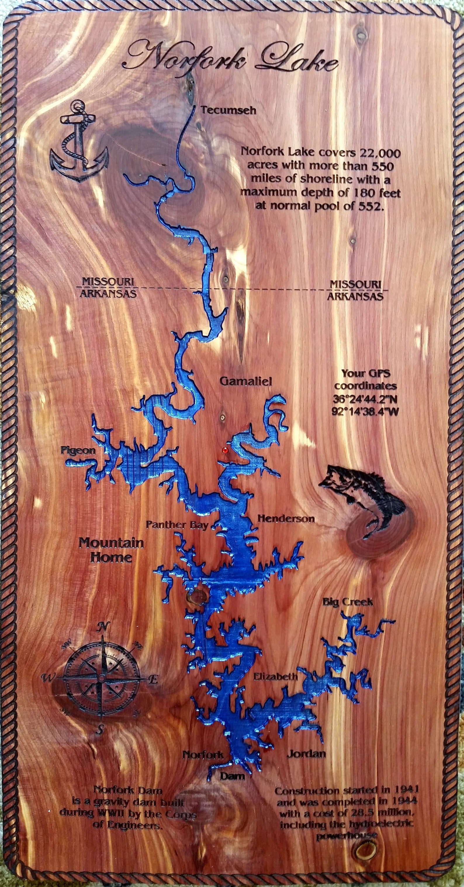 Map of Norfork Lake laser engraved into Eastern Red Cedar Etsy