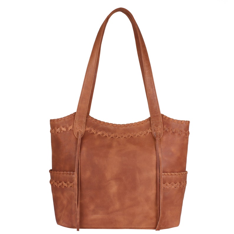 Kendall Concealed Carry Leather Tote, Crossbody or Shoulder Bag Edge Lacing Detail Large Size Bag Interior Locking Conceal Pocket Cognac