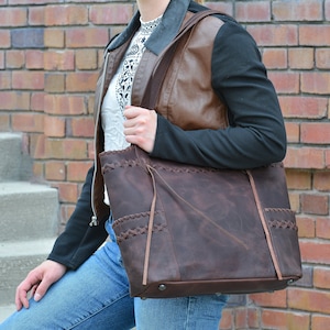Kendall Concealed Carry Leather Tote, Crossbody or Shoulder Bag Edge Lacing Detail Large Size Bag Interior Locking Conceal Pocket image 3