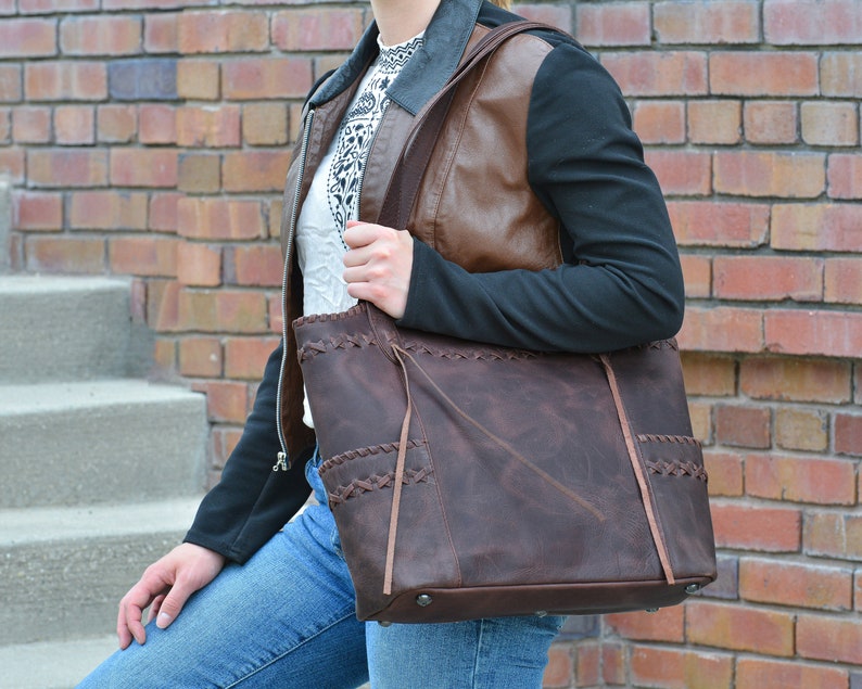 Kendall Concealed Carry Leather Tote, Crossbody or Shoulder Bag Edge Lacing Detail Large Size Bag Interior Locking Conceal Pocket image 3