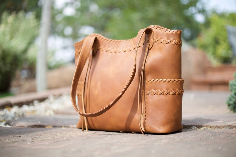 Kendall Concealed Carry Leather Tote, Crossbody or Shoulder Bag Edge Lacing Detail Large Size Bag Interior Locking Conceal Pocket image 1