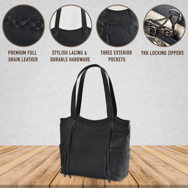 Kendall Concealed Carry Leather Tote, Crossbody or Shoulder Bag Edge Lacing Detail Large Size Bag Interior Locking Conceal Pocket image 7