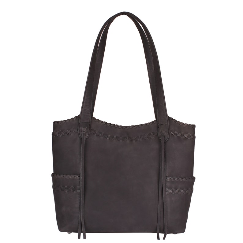 Kendall Concealed Carry Leather Tote, Crossbody or Shoulder Bag Edge Lacing Detail Large Size Bag Interior Locking Conceal Pocket Dusty Black