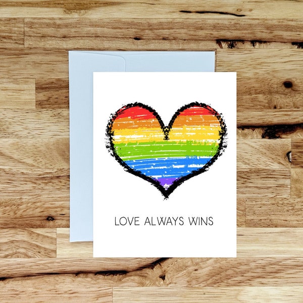 Love Always Wins Card, Handmade Greeting Card, Rainbow Heart, LGBTQIA+ Card, Card for Girlfriend, Coming Out, Ally Gift, Marriage Equality
