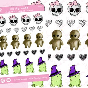 Halloween Planner Stickers, Fall Sticker Sheet, Voodoo Doll Stickers, Skull Stationery, Bullet Journal Stickers, Water Resistant Stickers image 1