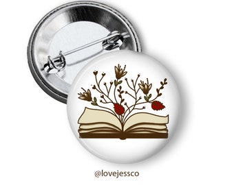 Open Book Button, Pin Back Button, Badge, Flair, Reading Pin, Bookworm Pin, Gift for Reader, Book Lover