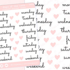 Day Planner Stickers, Days of the Week Sticker Sheet, Cute BUJO Stickers, Pink Stationery, Bullet Journal Stickers, Water Resistant Stickers