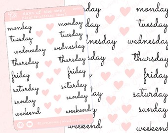 Day Planner Stickers, Days of the Week Sticker Sheet, Cute BUJO Stickers, Pink Stationery, Bullet Journal Stickers, Water Resistant Stickers