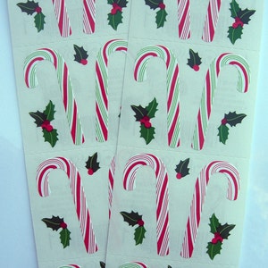 Christmas Stickers, Mrs. Grossman&#39;s 2 Full Sticker Strips CUTE CANDY CANE Design & Petite Holly Stickers