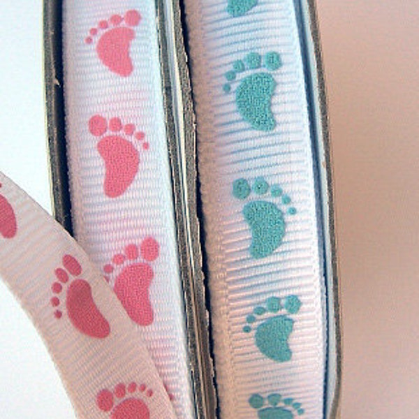 BABY SHOWER Ribbon Pink or Light Blue "Footprint" Pattern -  Cute! - 3/8" x 3 YD Lots - Grossgrain Ribbon