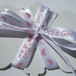 It&#39;s A Girl &quot;Pink Footprint & Words&quot; Printed Ribbon -Cute! -3/8&quot; x 3 YD Lots -Lightweight Acetate Ribbon -Baby Shower Baby Gift Baby Ribbon