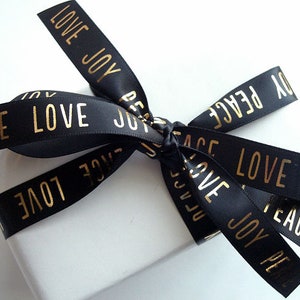 PEACE LOVE JOY Black w/ Gold Printed Ribbon 5/8&quot; Width x 3-Yard Lots - Metallic Gold on Black Ribbon