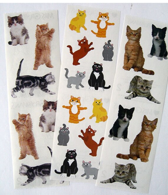 CUTE LOT of CAT Stickers -Cats, Kitty, Kittens, Kitty Sticker Lot - 3 Full  Strips Photo-Like