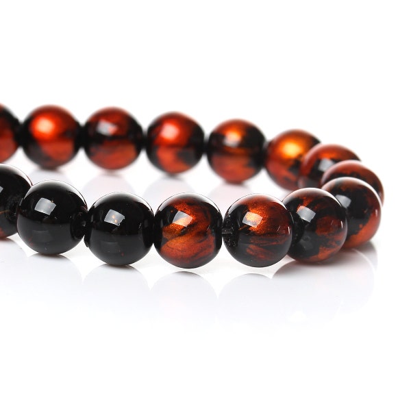 60 Glass Round Beads Orange Black Swirl 8mm Stunning Loose Beads Wild Fire 3985