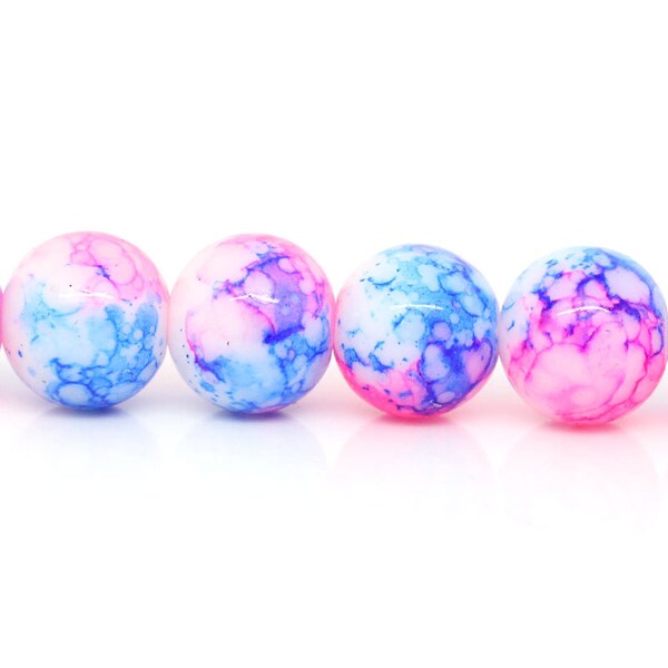 20 Glass Beads Pink Blue White Marbled Tie Dye 10mm Large Spacer Bead  3967