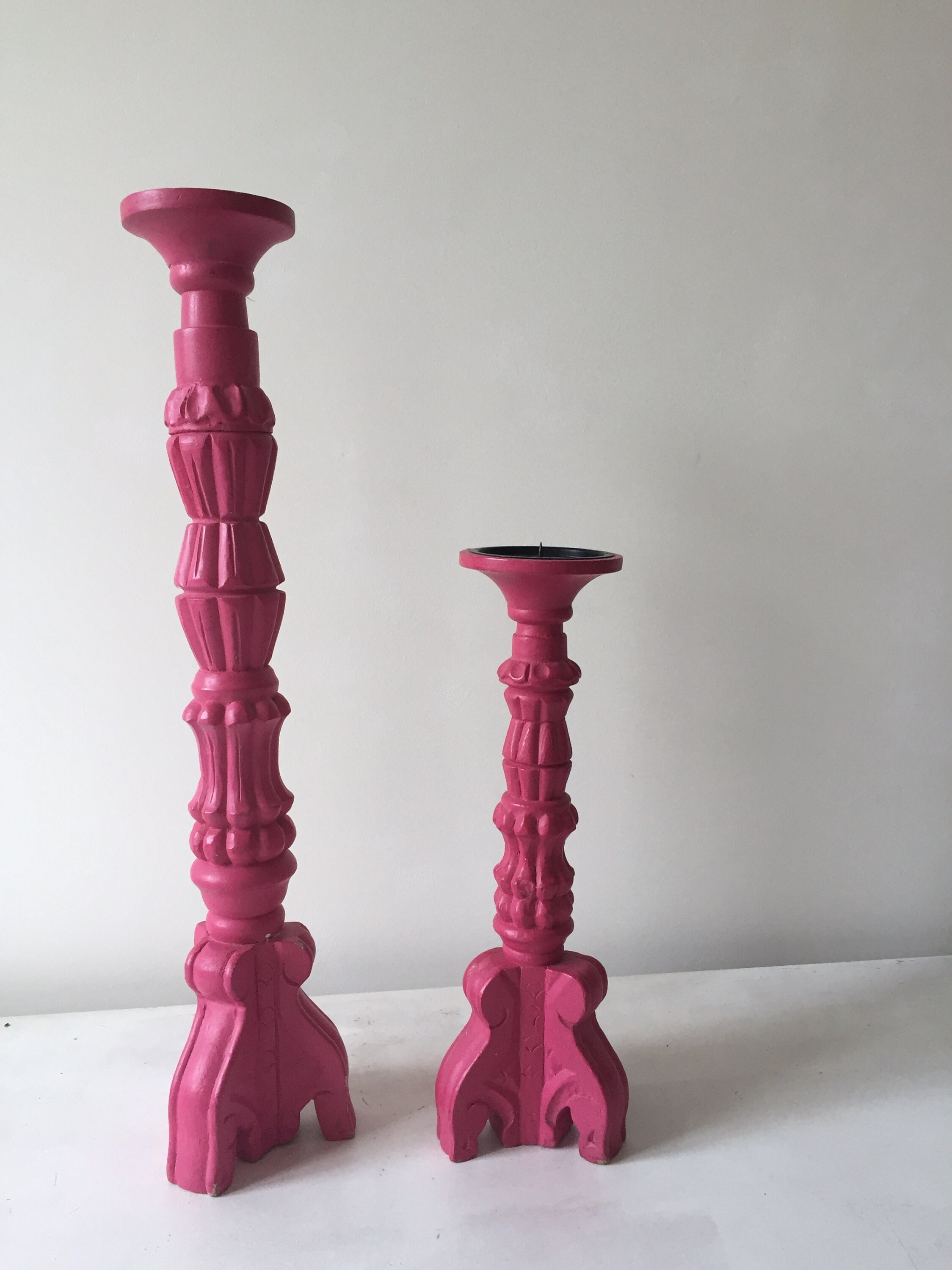 Wooden Carved Pink Candlesticks Vintage Etsy