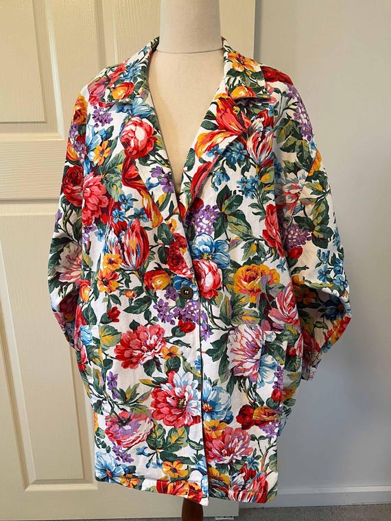 Vintage Cotton Vibrant Floral Print Blazer- Made in USA- One Size- XXL- Oversized