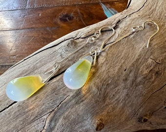 Vintage Austrian Yellow White Glass Large Teardrops And Solid Fine Sterling Silver Long Drop Earrings, Modernist Design