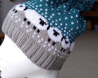 Sheep in the field, Bobble Hat, Size Adult, Colour Teal and grey