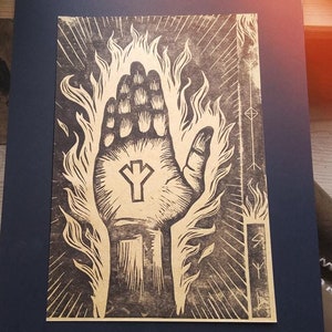 Algiz Hand of Light (lino, runes, elhaz, amulet, magick, esoteric art, vikings, norse, wall decor, lino print)
