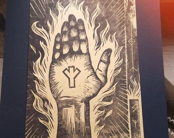 Algiz Hand of Light (lino, runes, elhaz, amulet, magick, esoteric art, vikings, norse, wall decor, lino print)