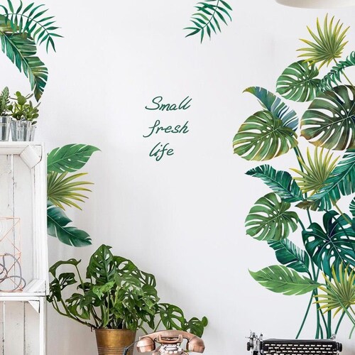 Green Tropical Plant Leaf Decal Monstera Wall Sticker Green Etsy