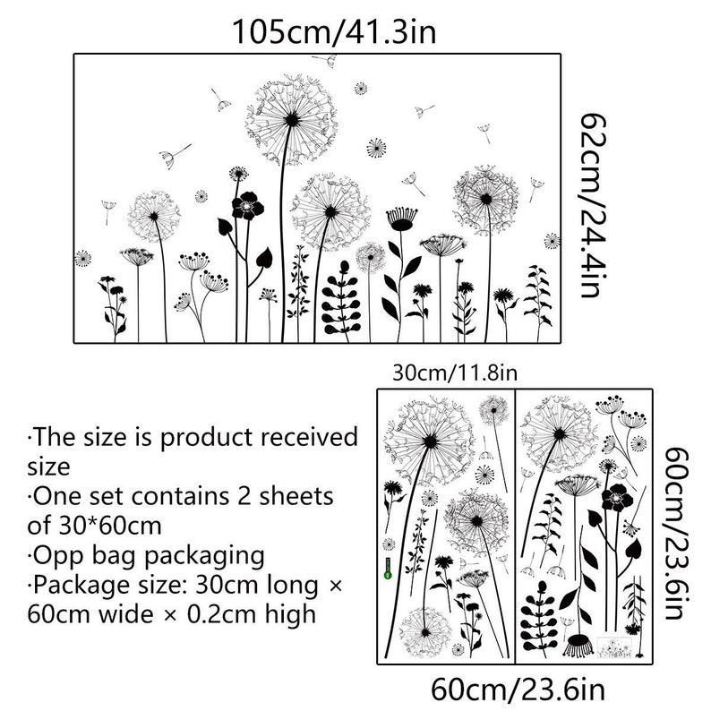 Dandelion Decals Black Flower Wall Stickers Plant Wall Etsy