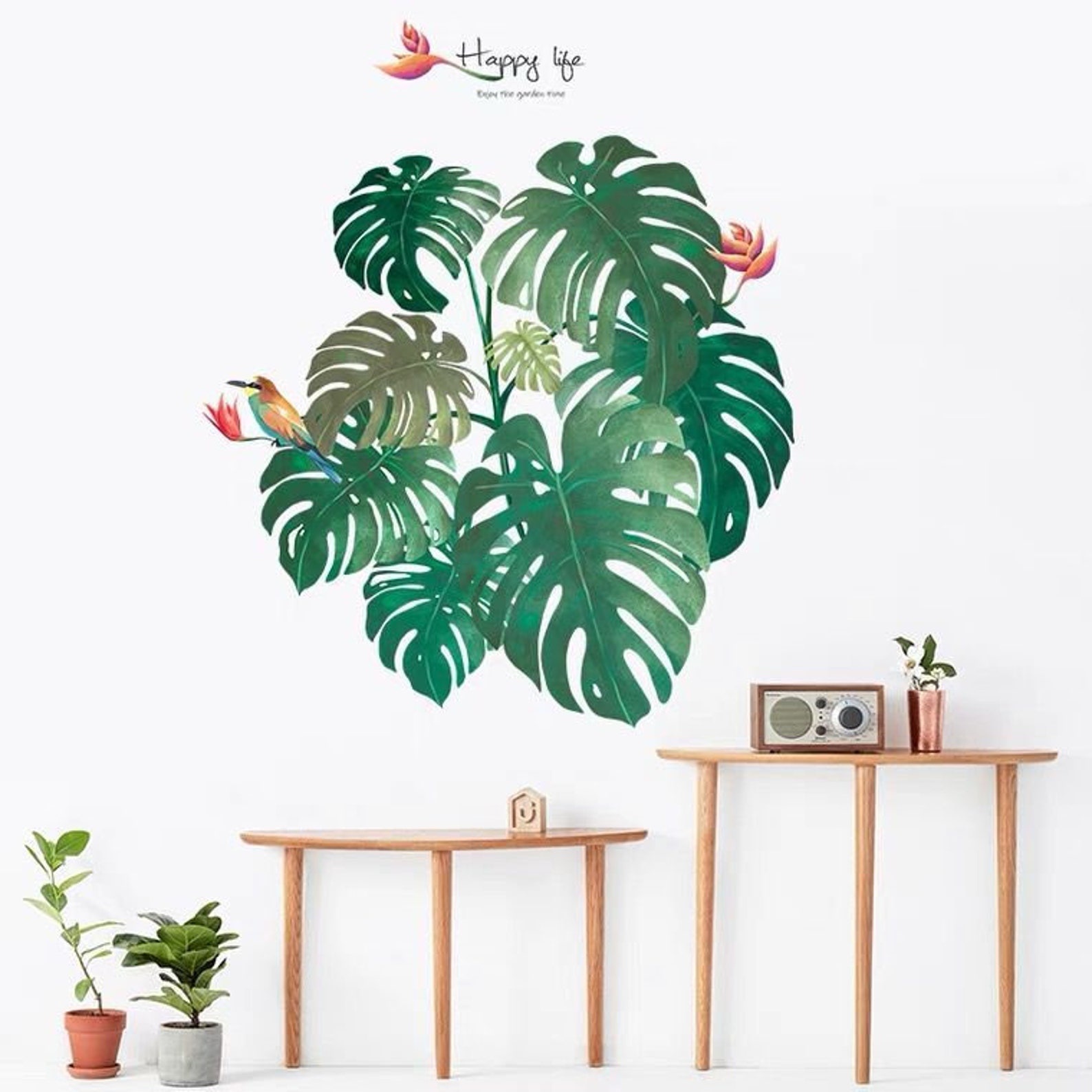 Green Tropical Plant Leaf Decal Monstera Wall Sticker Green Etsy