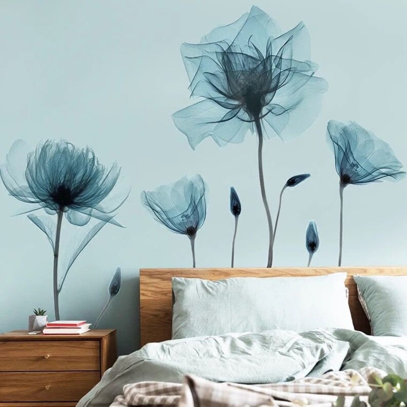Transparent Blue Flower Decals Flower Wall Decals Blue Flower Etsy