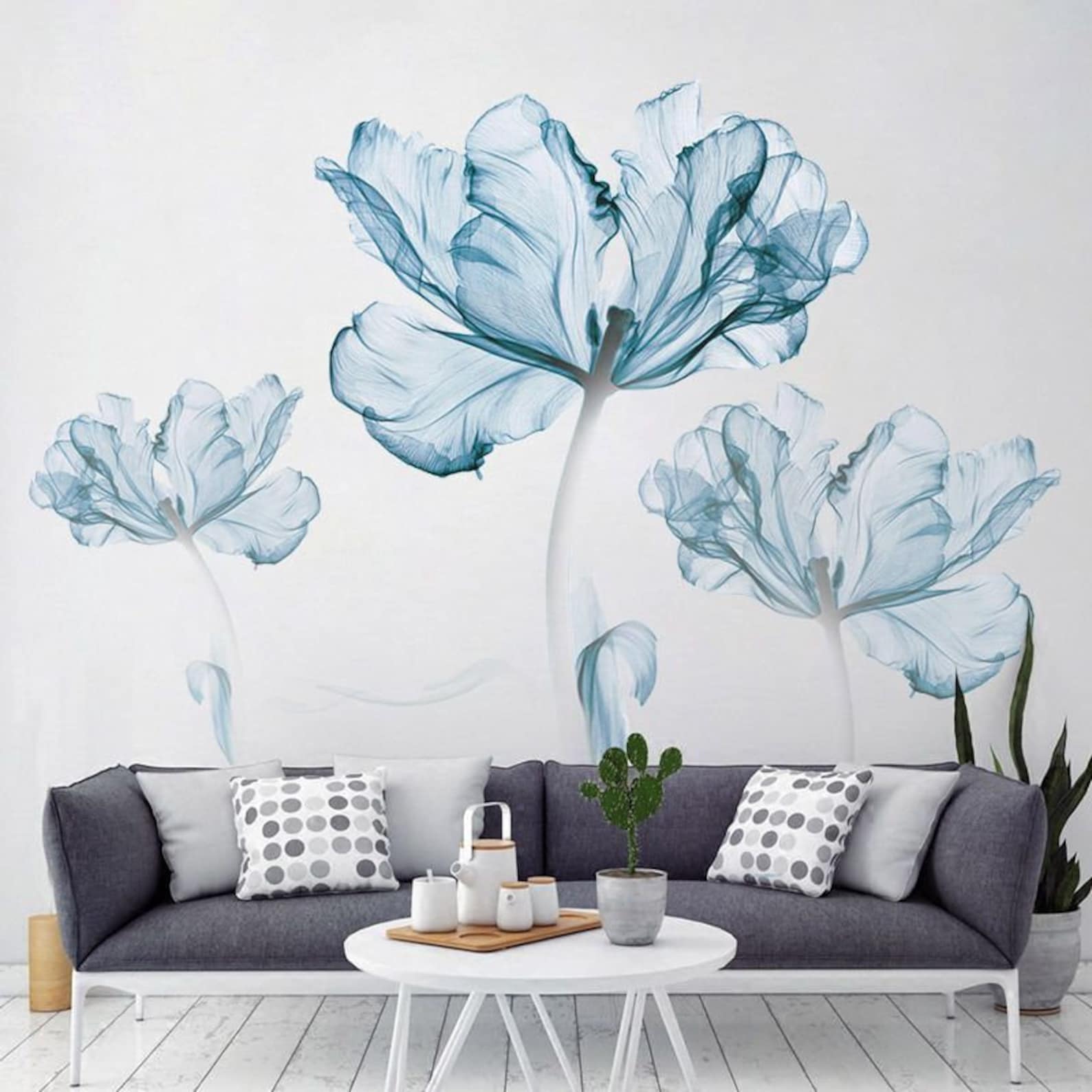 Large Blue Flower Wall Decals Flower Stickers DIY Transparent Etsy