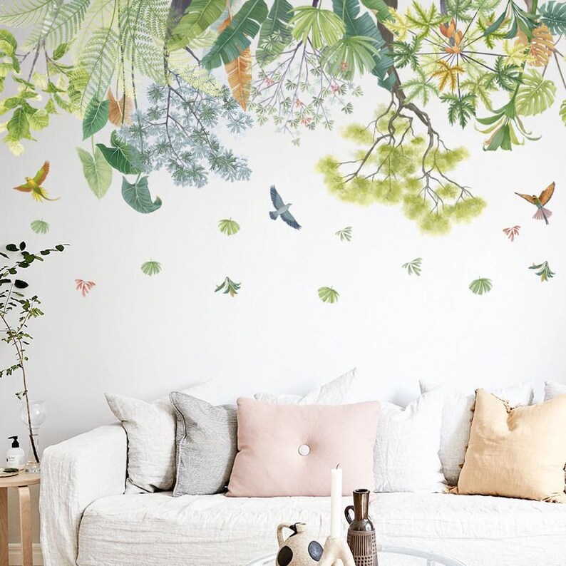 Tropical Jungle Plant Wall Stickers Plant Leaf and Bird Wall Etsy
