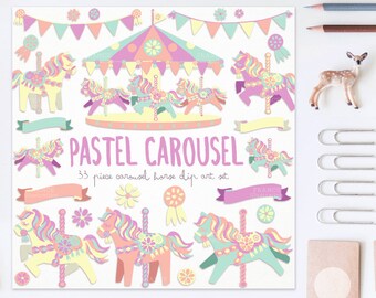 3 FOR 2. Pastel Carousel Horse Clipart. Little Pony. Cute Childrens Party. Scrapbooking, Stickers. Candy Color. Decorative. Bunting. Banner