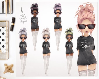 3 FOR 2. BAE with Coffee Shirt. Quote "But First, Coffee" Watercolor Clipart Fashion Girl. Illustration. Sticker Planner. Blog. Fashionista.