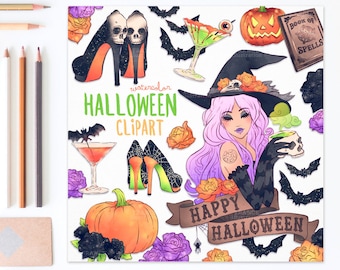 3 FOR 2. Fashion Halloween! Handdrawn Halloween Clipart. Witch, Sticker, Tattoo, Fashion, Heels, Drinks, Pumpkin, Bats, Roses, CA006