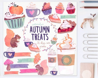 3 FOR 2. Fall Clipart: Autumn Treats. Watercolour Clipart. Pumpkin Latte, Cherry Pie, Cupcake. Hot Chocolate, Coffee, Food. Banners. Pastel.