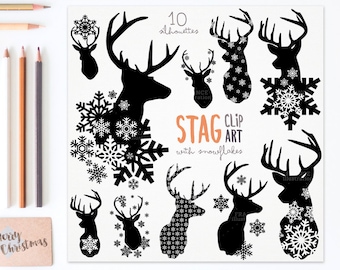 3 FOR 2. Stag Snowflake Deer Silhouette Clipart. Deer Antlers. Christmas Clip Art. Xmas Craft Scrapbook. Transparent. Deer Bust. Hunting.