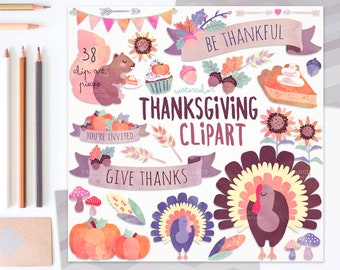 3 FOR 2. Thanksgiving Clipart: Autumn Watercolour Pumpkin, Turkey, Pie, Banner, Arrow. Kawaii Handdrawn Pastel Digital Fall Floral Art, Food