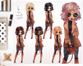 3 FOR 2. BAE in a Brown Coat. Watercolor Clipart Fashion Girls. Fashion Illustration. Fashionista Art. Sticker Planner Girl. Blog Avatar.