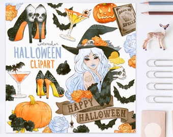 3 FOR 2. Fashion Halloween V2! Handdrawn Halloween Clipart. Witch, Sticker, Tattoo, Fashion, Heels, Drinks, Pumpkin, Bats, Roses, CA006