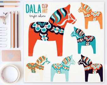 3 FOR 2. Bright Dala Horse Clip Art. Traditional Nordic Folk Art Designs. Swedish Scandinavian Clipart. Dalahäst/Dalecarlian Horse, Pony.